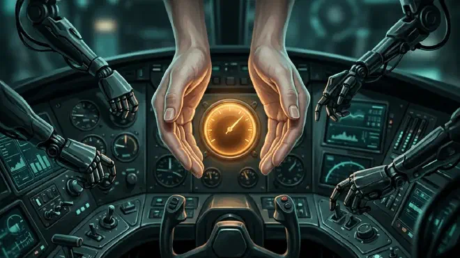 A media-buying cockpit dashboard worked entirely by robotic arms, while a pair of human hands cup the one glowing gauge at its center — the single control the machines don't touch.