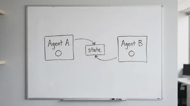 Two agents sharing state, sketched on a whiteboard