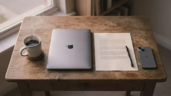 A small wooden desk at dawn — a white ceramic coffee mug, a closed silver laptop, a printed morning brief, and a phone face-down, lit by warm low-angle sunlight.