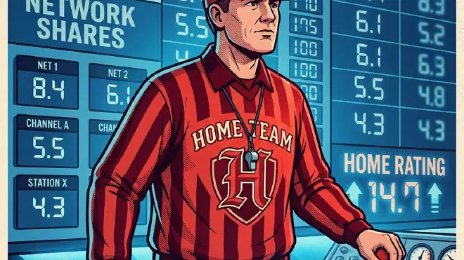 A referee in a red 'HOME TEAM' jersey with a whistle stands at the master control panel of a blue scoreboard listing rival networks' ratings — his own team's number glowing highest on the board he controls. The official who keeps the score is openly playing for one side.